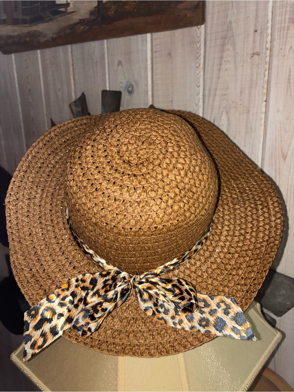 Brown Straw Sun Hat with Leopard Scarf Accent